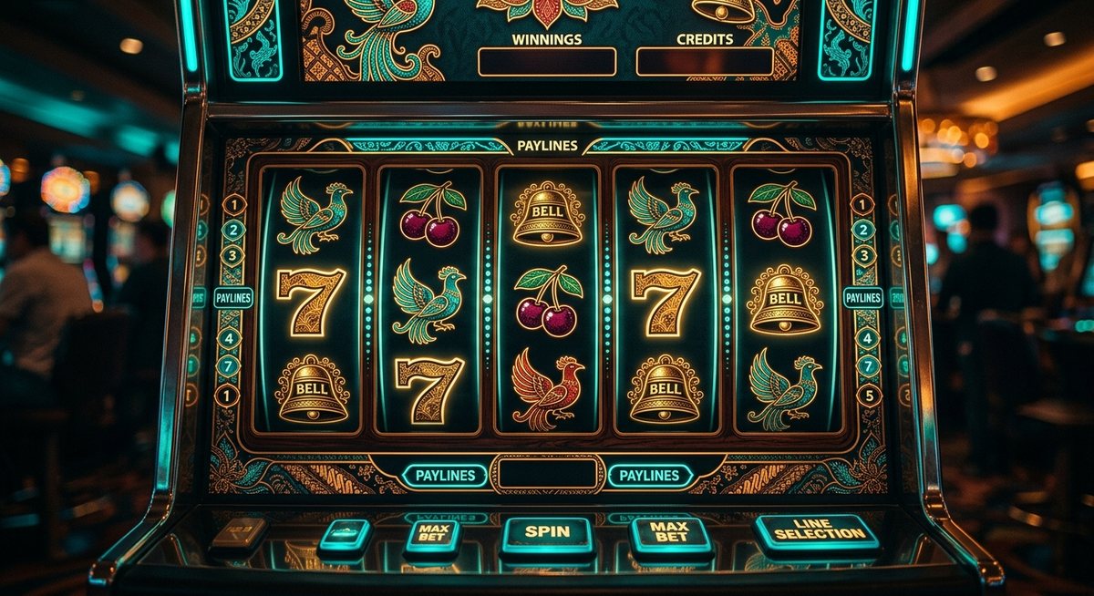 Gulungan mesin slot dengan siluet burung dan simbol ceri tujuh menyala di malam hari