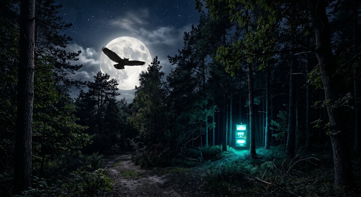 Hutan malam bercahaya lembut dengan siluet burung hantu dan cahaya gulungan mesin slot dari kejauhan